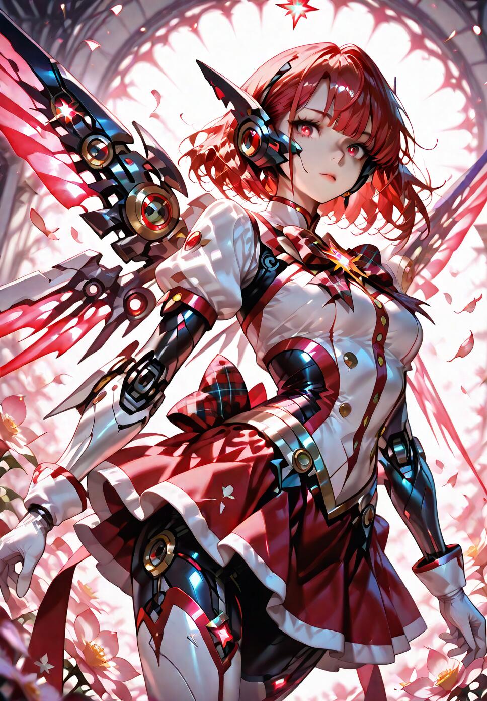 A digital illustration of a red-haired anime girl with cybernetic arms, legs, and large mechanical wings. She is wearing a white and red dress and stands in front of a bright, arched window surrounded by pink flowers and petals.
