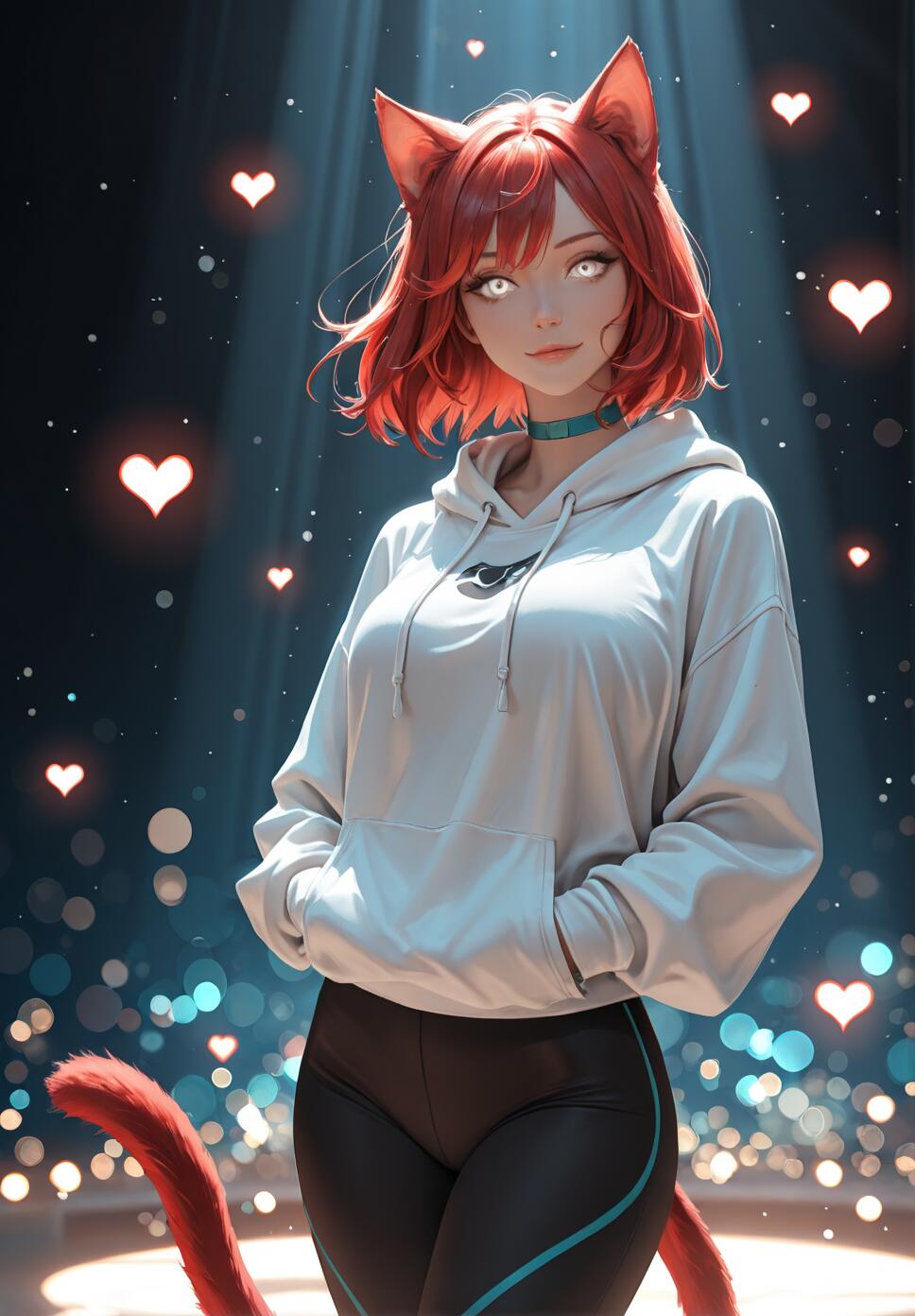 A digital illustration of an anime cat girl with short crimson hair, red cat ears, and a matching tail. She is wearing a white hoodie, an aqua choker, and black leggings, standing under a spotlight with floating hearts in the background.