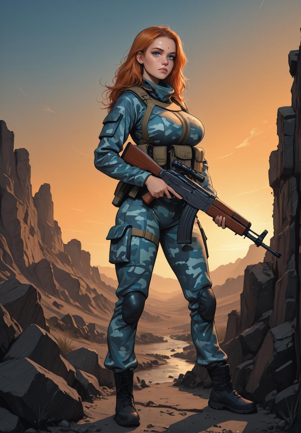 A full-body illustration of a female soldier with long red hair and blue eyes, wearing a blue camouflage uniform and holding a rifle while standing in a rocky canyon at sunset.