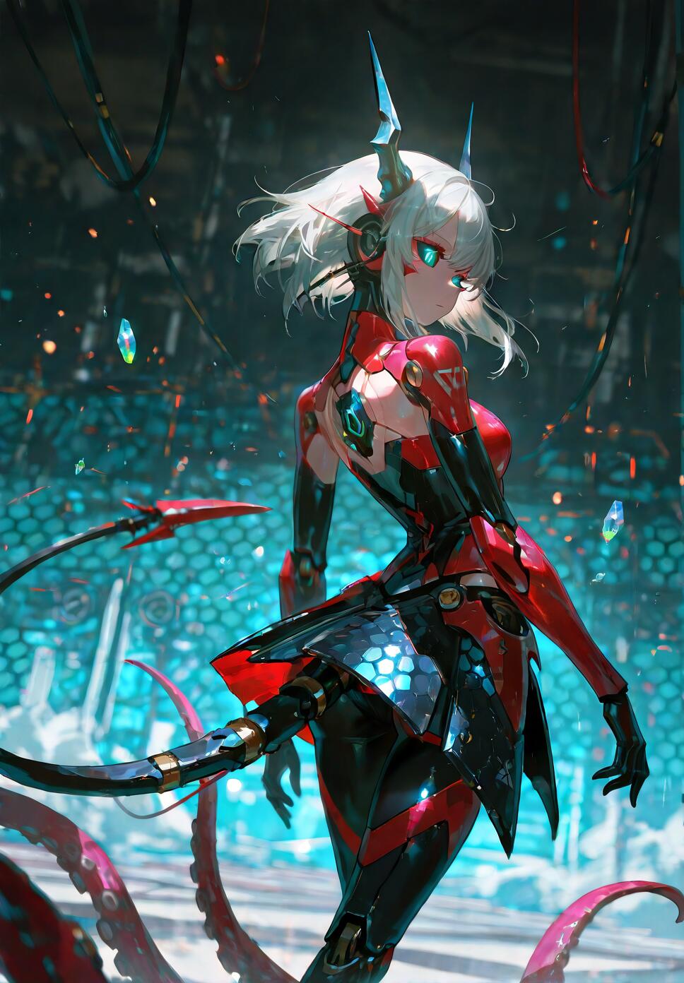 A white-haired anime girl in a red and black cybernetic suit with horns, a mechanical tail, and red tentacles, standing in a futuristic environment with glowing blue lights.