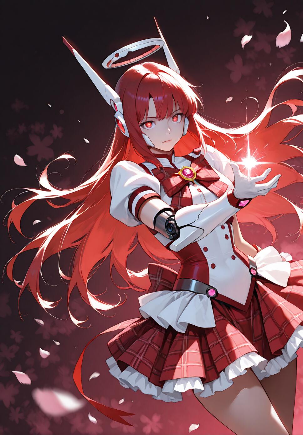 An anime girl with long red hair and a robotic halo wears a red and white magical girl outfit. She has a mechanical arm and is holding a bright star of light in her hand, with pink petals floating around her.