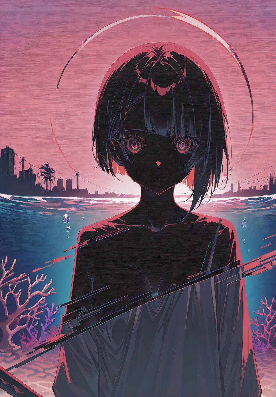 An anime-style illustration of a silhouetted girl with short dark hair and glowing eyes, submerged in water with a city skyline in the background under a pink sky. The scene features underwater corals and digital glitch effects.