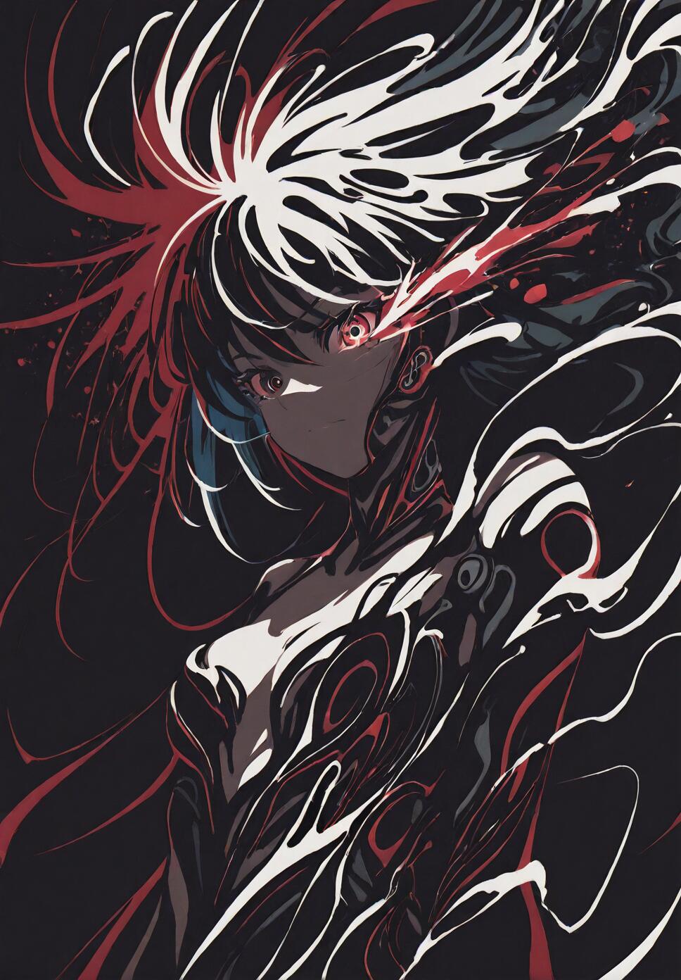 A high-contrast, abstract anime-style illustration of a woman with dark hair, a large white streak, and glowing red eyes, surrounded by swirling red and white energy against a black background.