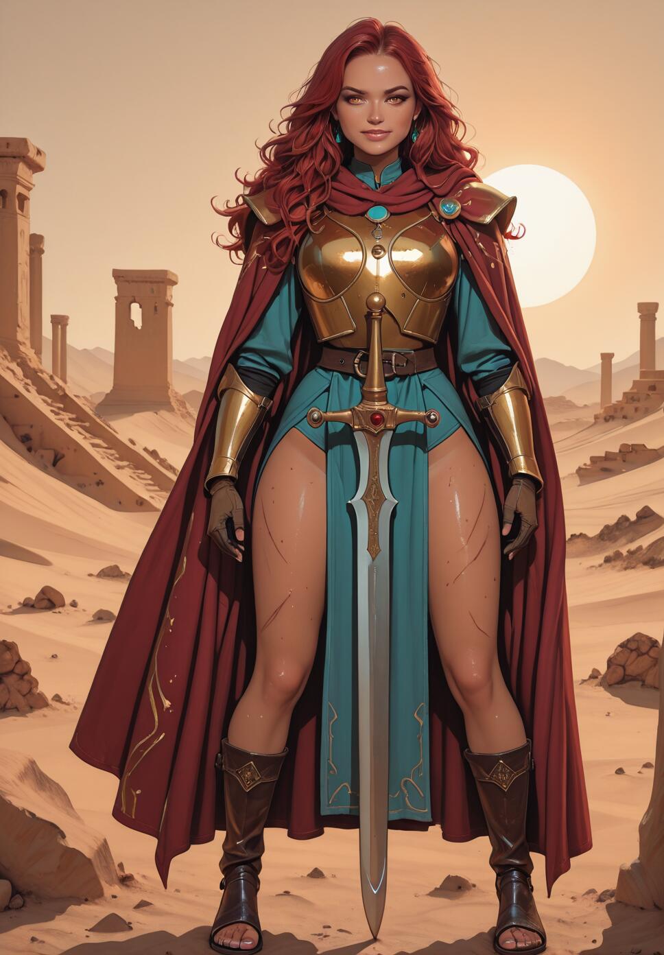 A full-body illustration of a red-haired female warrior in golden armor and a red cape, holding a large sword while standing in a desert landscape with ancient ruins.