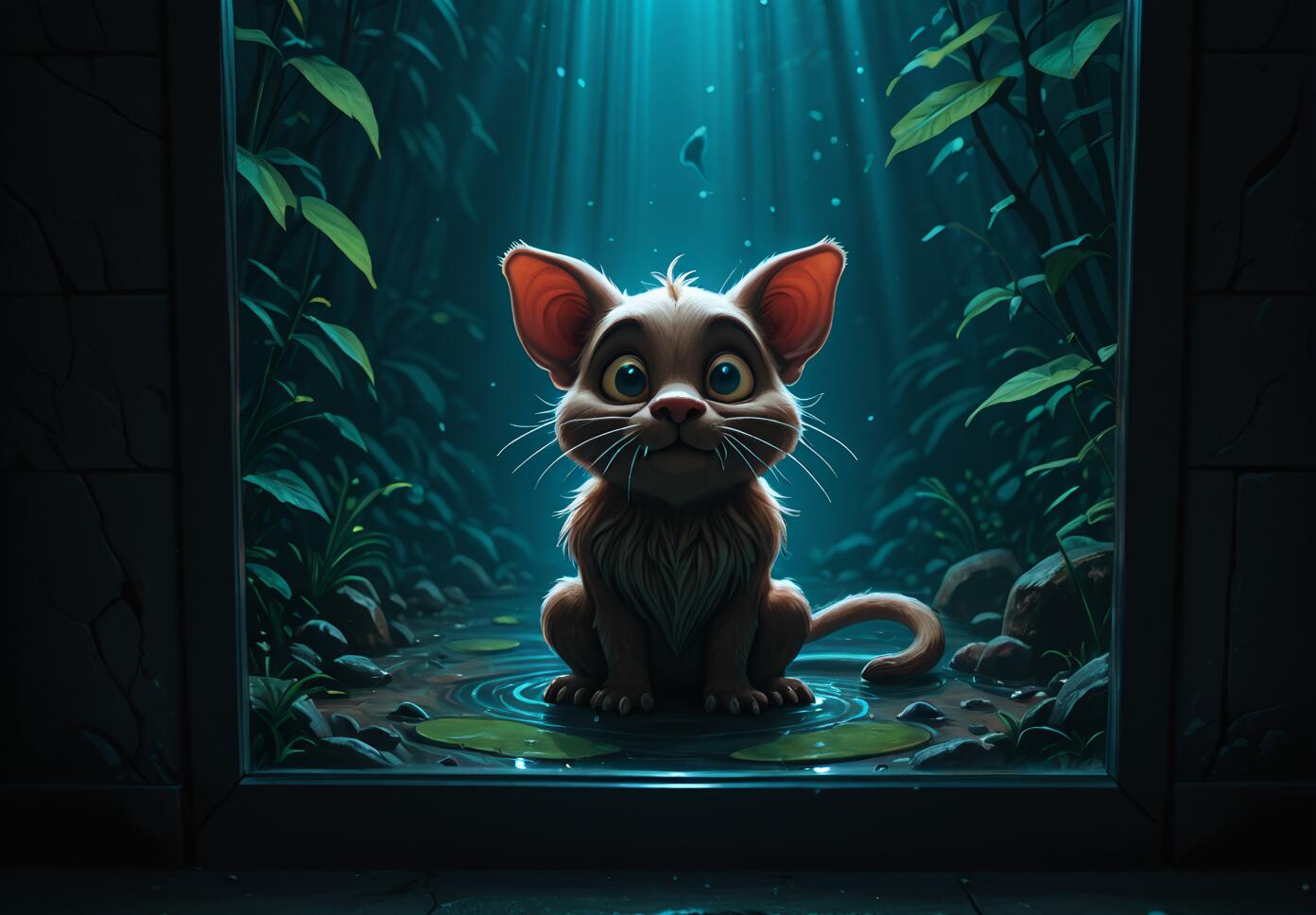 A small, brown, cartoonish creature with large ears and wide eyes sits in a puddle of water in a dark jungle, illuminated by a beam of blue light from above, viewed through a dark frame.