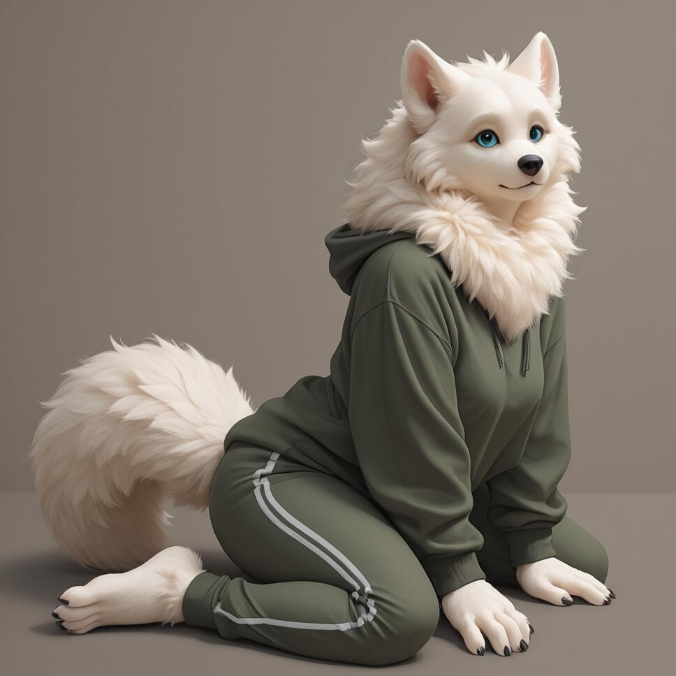 An anthropomorphic white wolf with blue eyes and a fluffy tail, wearing a green hoodie and matching sweatpants, kneeling on a grey background.