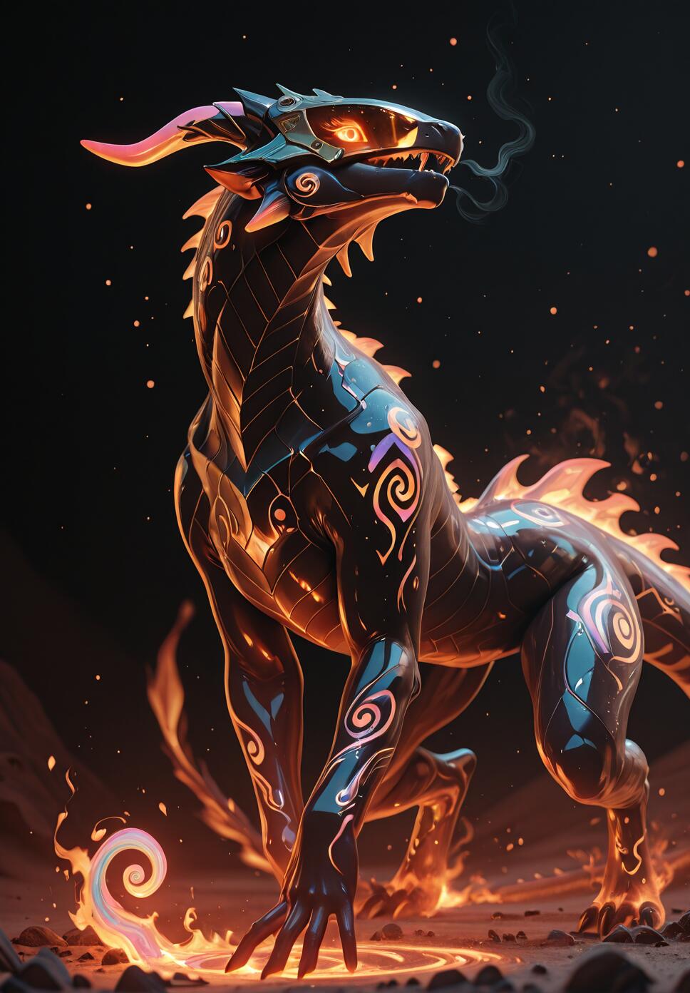 A full-body digital illustration of a sleek black dragon with glowing pink and purple patterns, a cybernetic visor, and fiery orange eyes, standing in a circle of fire against a dark background.