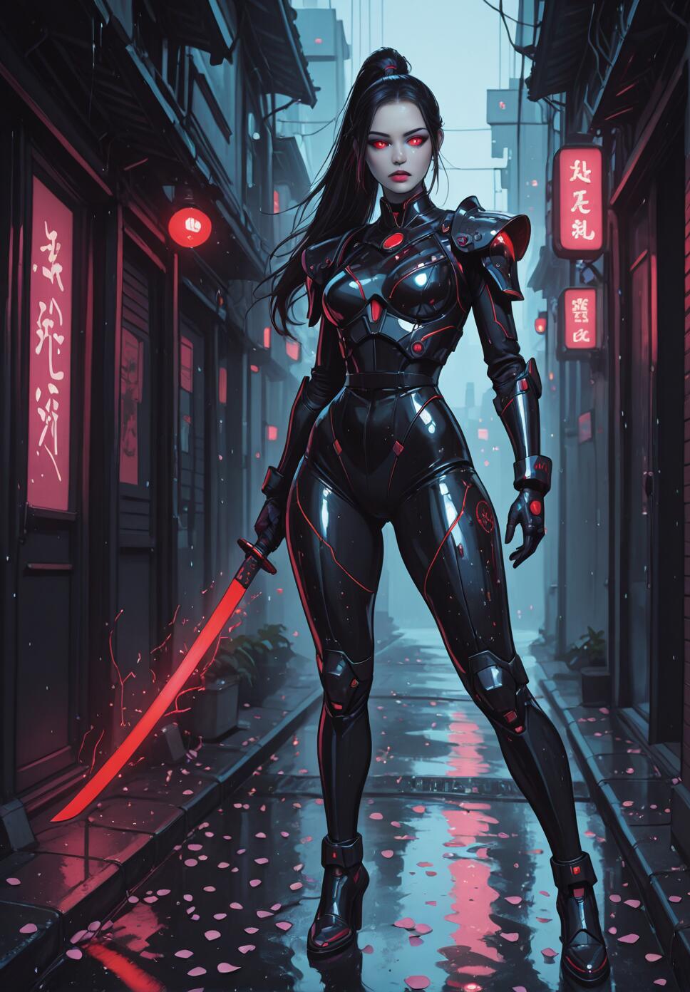 A full-body illustration of a female warrior in black cybernetic armor with red highlights, holding a glowing red katana in a dark, rainy Japanese-style alley with neon lights and cherry blossom petals on the ground.