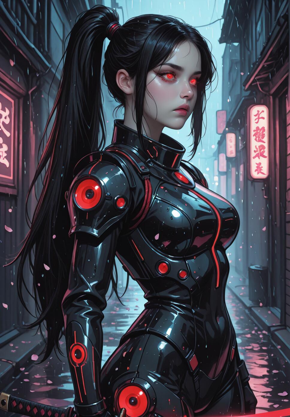 A digital illustration of a female cybernetic warrior with long black hair in a ponytail and glowing red eyes. She wears form-fitting black and red armor and stands in a rainy, neon-lit Japanese city alley at night.