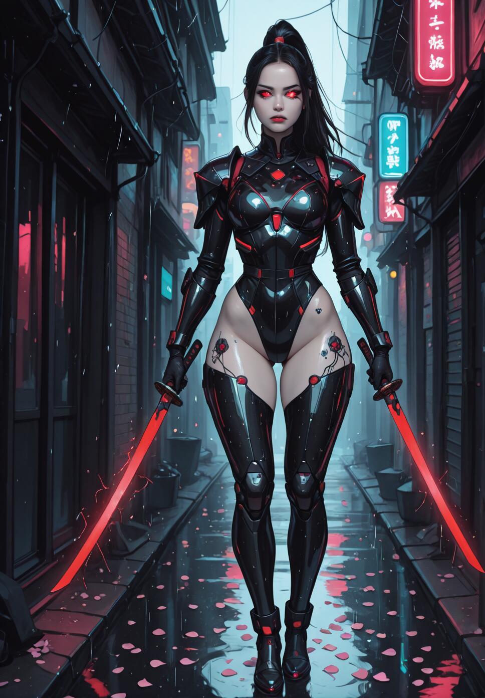 A full-body illustration of a female cybernetic warrior in sleek black and red armor standing in a rainy, neon-lit city alley, holding two glowing red katanas while cherry blossom petals fall around her.
