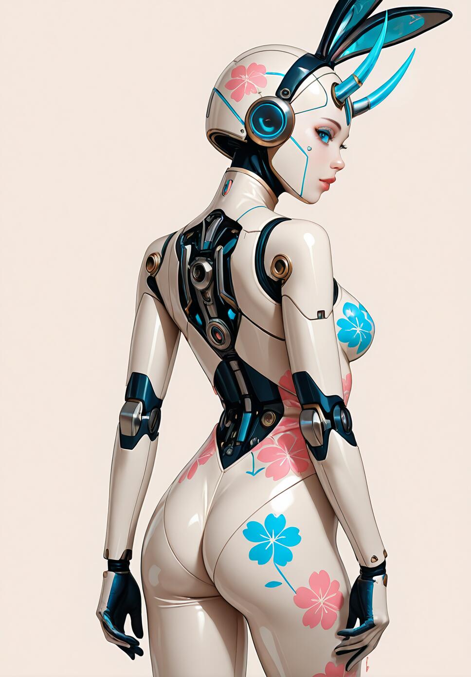 A female android with a white body and floral patterns shown from the back. She wears a helmet with rabbit ears and horns and is looking over her shoulder against a plain background.