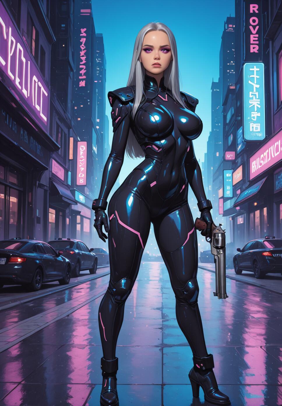 A full-body illustration of a female cyberpunk character with long silver hair and a black armored bodysuit, holding a large revolver while standing on a wet city street at night surrounded by neon-lit buildings.