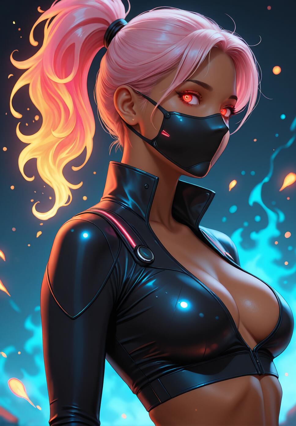 A female cyberpunk character with fiery pink hair in a ponytail, glowing red eyes, and a black face mask. She wears a sleek black top against a background of blue and orange flames.