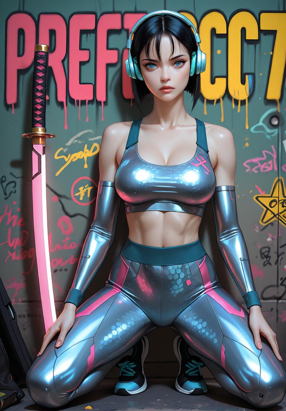 A woman with short black hair and headphones kneels in a futuristic metallic outfit, posing next to a glowing pink katana against a graffiti-covered wall.