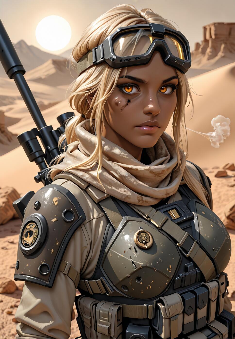 A close-up portrait of a young woman with blonde hair and amber eyes in a desert. She is wearing tactical goggles on her head, a combat vest, and a scarf around her neck, with a sniper rifle slung over her shoulder. The background features sand dunes under a bright sun.