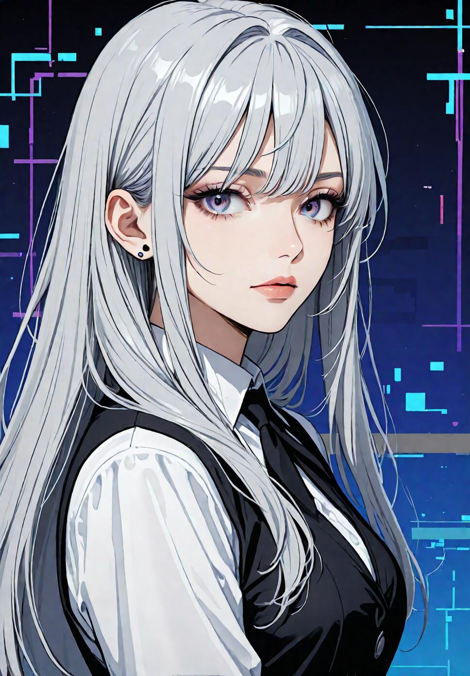 A digital illustration of an anime girl with long silver hair, purple eyes, and black earrings. She is wearing a white shirt and a black vest, looking directly at the viewer against a dark blue background with a digital glitch effect.