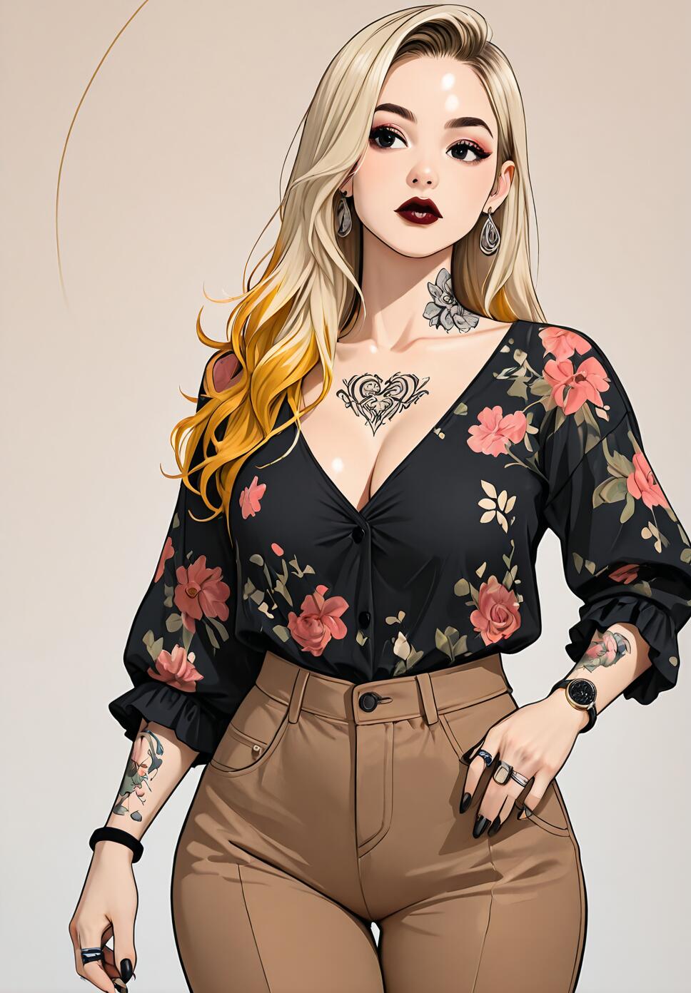 A digital illustration of a young woman with long blonde and yellow hair, dark lipstick, and several tattoos. She is wearing a black floral V-neck blouse, brown pants, and is adorned with jewelry like earrings, rings, and a watch.