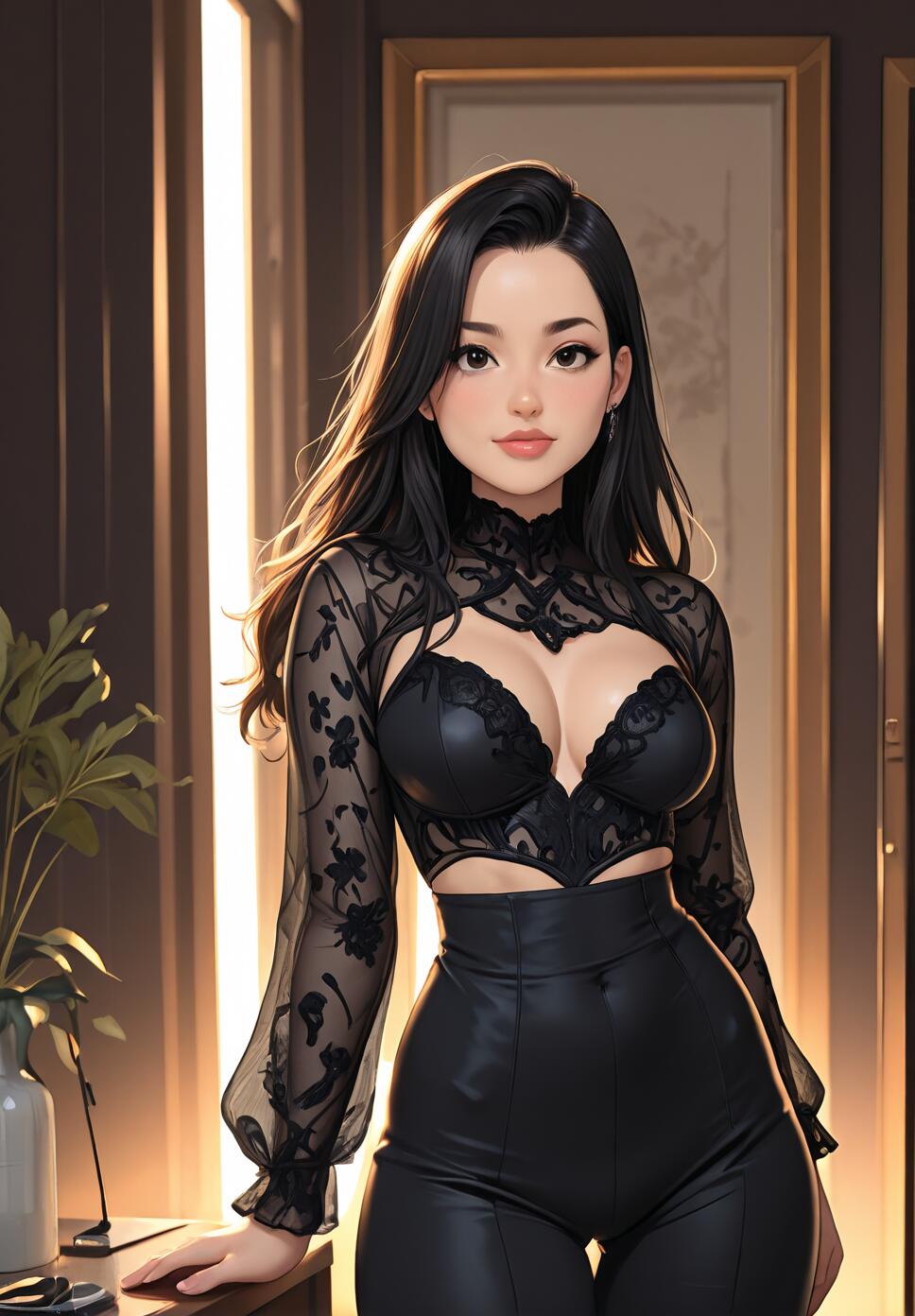 A full-body digital illustration of a young woman with long black hair standing in an elegant room. She is wearing a sophisticated black outfit consisting of a leather bustier, a sheer lace long-sleeved top, and high-waisted leather pants. The room is warmly lit with a plant and a framed picture in the background.