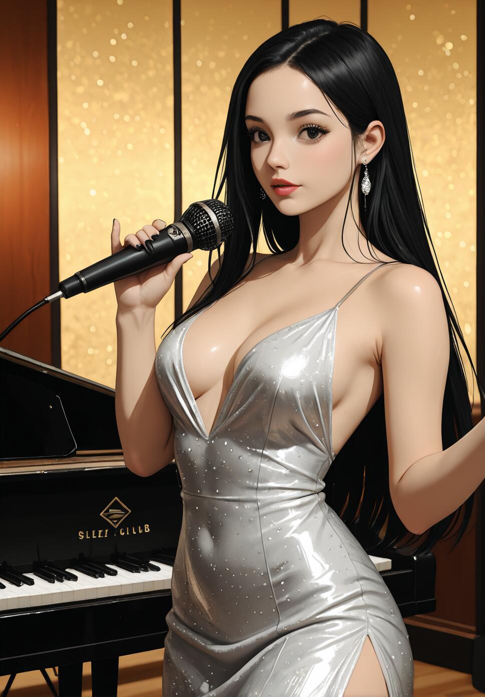 A beautiful woman with long black hair in a shimmering silver dress holding a microphone, standing next to a black grand piano in front of a golden background.
