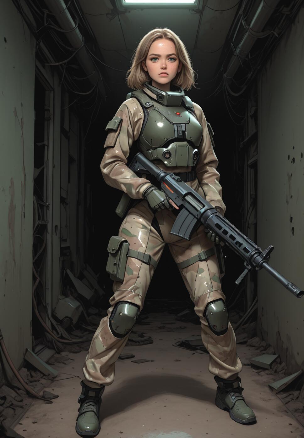 A full-body illustration of a young female soldier with short brown hair in a dark, ruined industrial hallway. She wears a camouflage suit with green futuristic body armor and holds a large black rifle, looking directly at the camera with a determined expression.