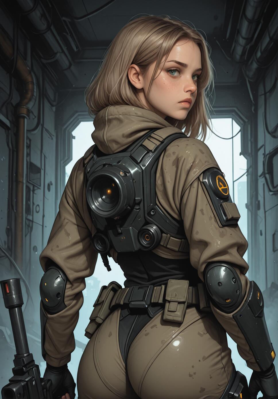 A female soldier with blonde hair wearing a futuristic tan tactical exosuit and a high-tech backpack looks back over her shoulder in a dimly lit industrial hallway.