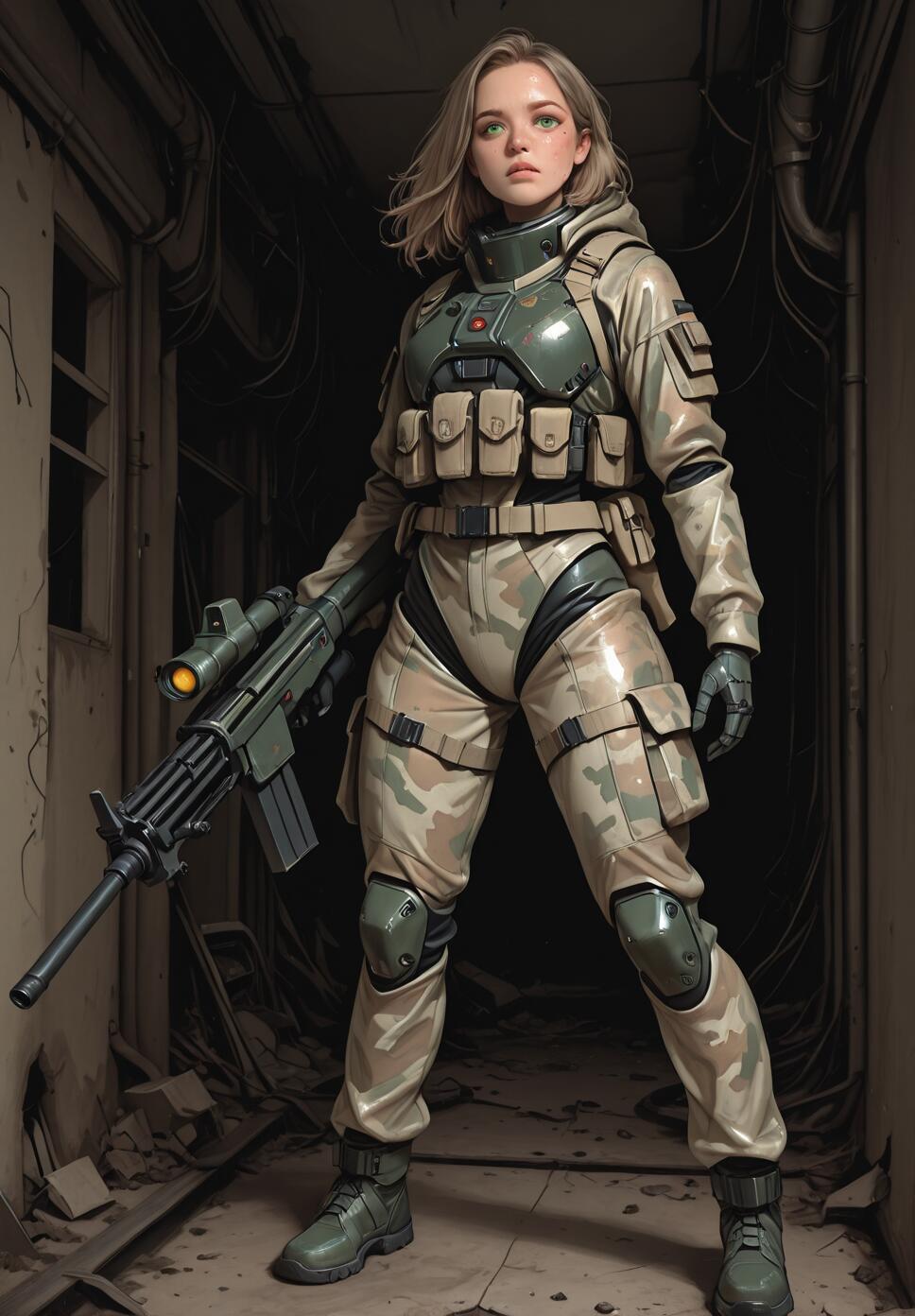 A full-body illustration of a young woman with blonde hair and green eyes in a futuristic camouflage combat exosuit, holding a large rifle while standing in a dark, ruined industrial hallway.