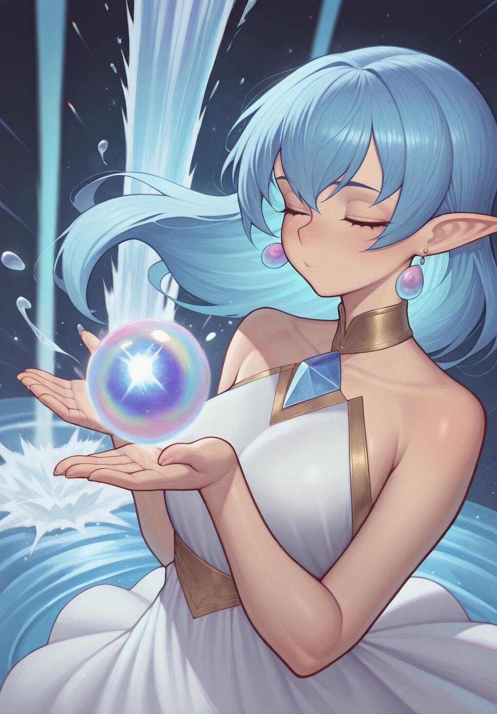 An anime-style elf girl with light blue hair and a white dress holds a glowing orb in her hands, with a waterfall in the background.