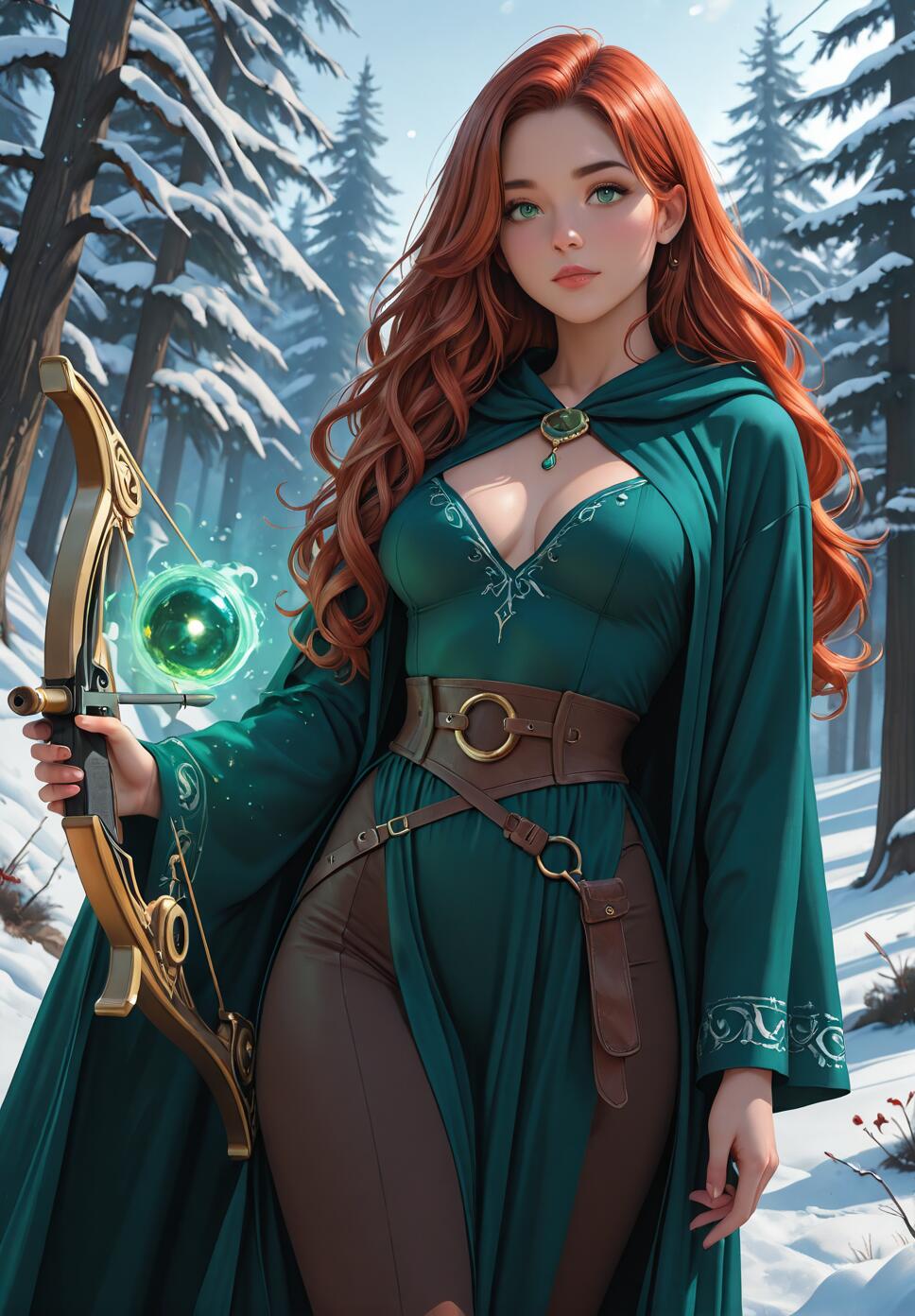 A beautiful fantasy woman with long red hair and green eyes, wearing a green cloak and holding a golden bow with a glowing green orb of magic, stands in a snowy forest.