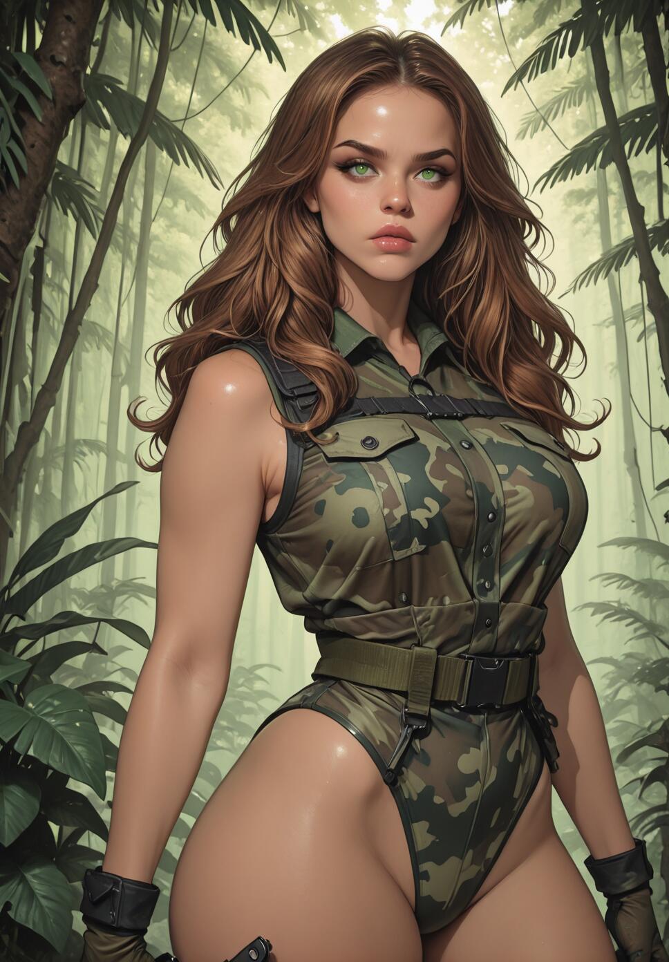A digital illustration of a beautiful woman with long brown hair and vibrant green eyes, wearing a tight camouflage bodysuit and standing confidently in a lush green jungle.