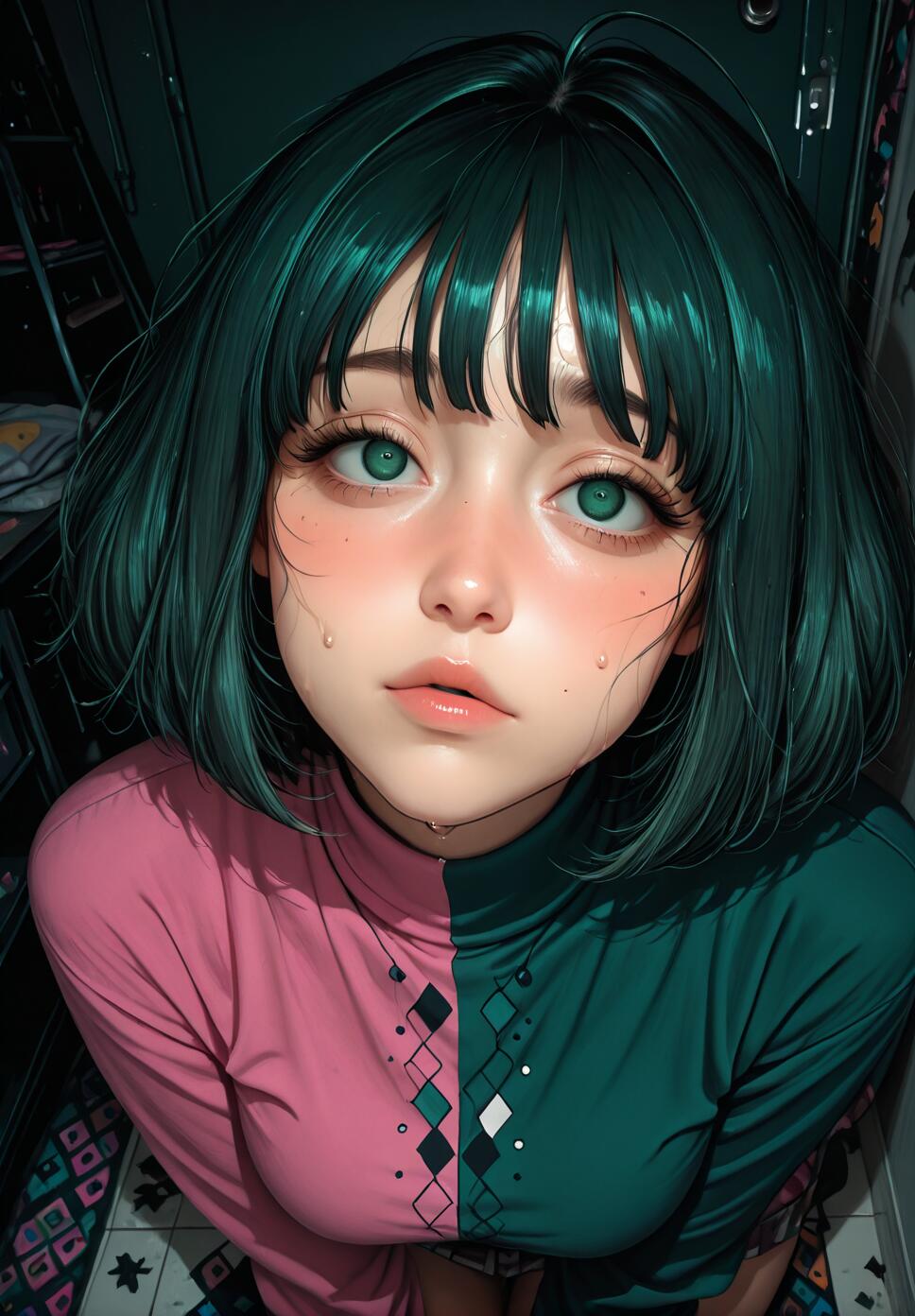 A high-angle digital art portrait of a young woman with short dark green hair and large green eyes looking up with a teary, pleading expression. She wears a pink and green split-colored turtleneck shirt in a dark room.