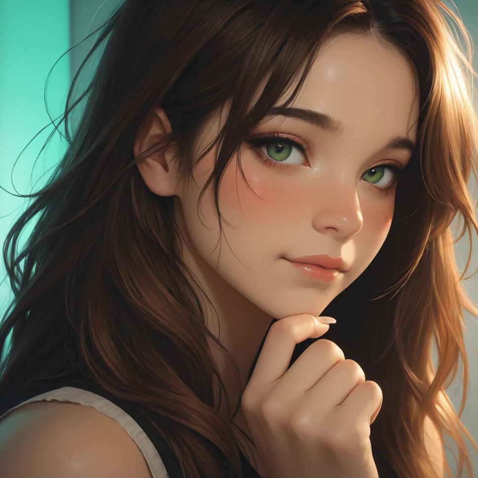 A digital portrait of a young woman with long brown hair and striking green eyes. She is looking at the camera with a gentle expression, her hand resting under her chin, with a soft green light in the background.