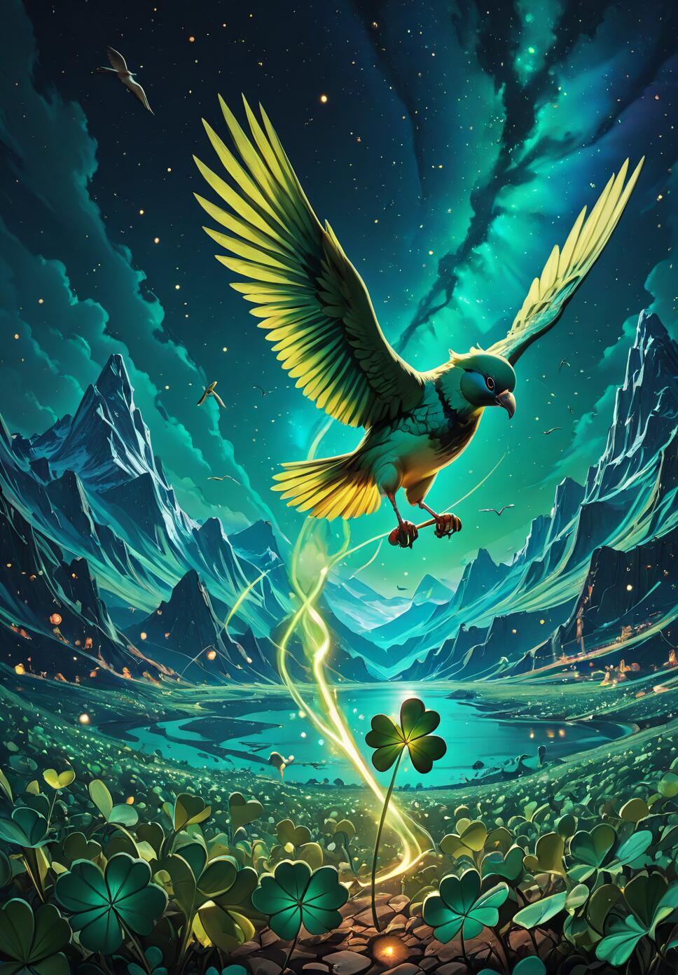 A majestic green and yellow bird flies over a vast field of four-leaf clovers at night. A single clover glows brightly, with a trail of golden light spiraling up from it, all under a starry sky with a green aurora and jagged mountains in the background.