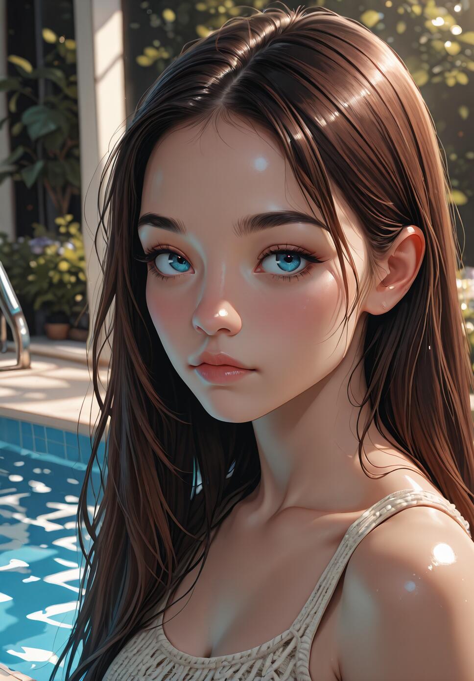 A close-up portrait of a young woman with long brown hair and striking blue eyes, wearing a knit tank top by a swimming pool on a sunny day.