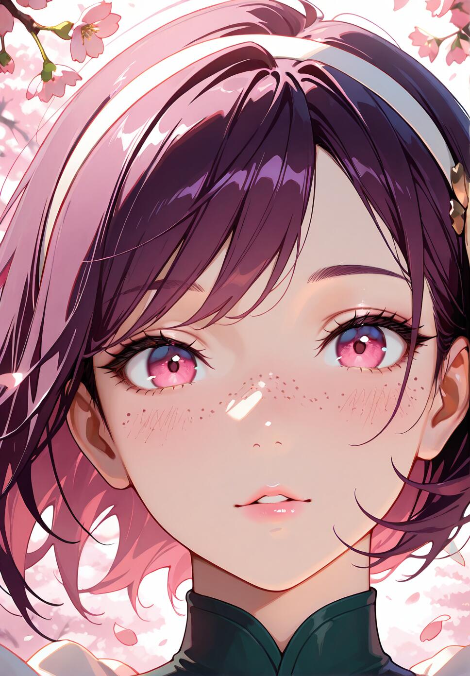 A close-up illustration of a young anime-style woman with short purple hair, bright pink eyes, and freckles, looking directly at the viewer against a background of cherry blossoms.