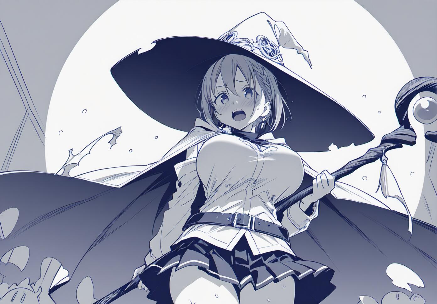 A monochrome blue-toned illustration of Ai-chan from Getsuyoubi no Tawawa dressed as a witch, wearing a large hat and cape, holding a staff in front of a full moon with a surprised expression.
