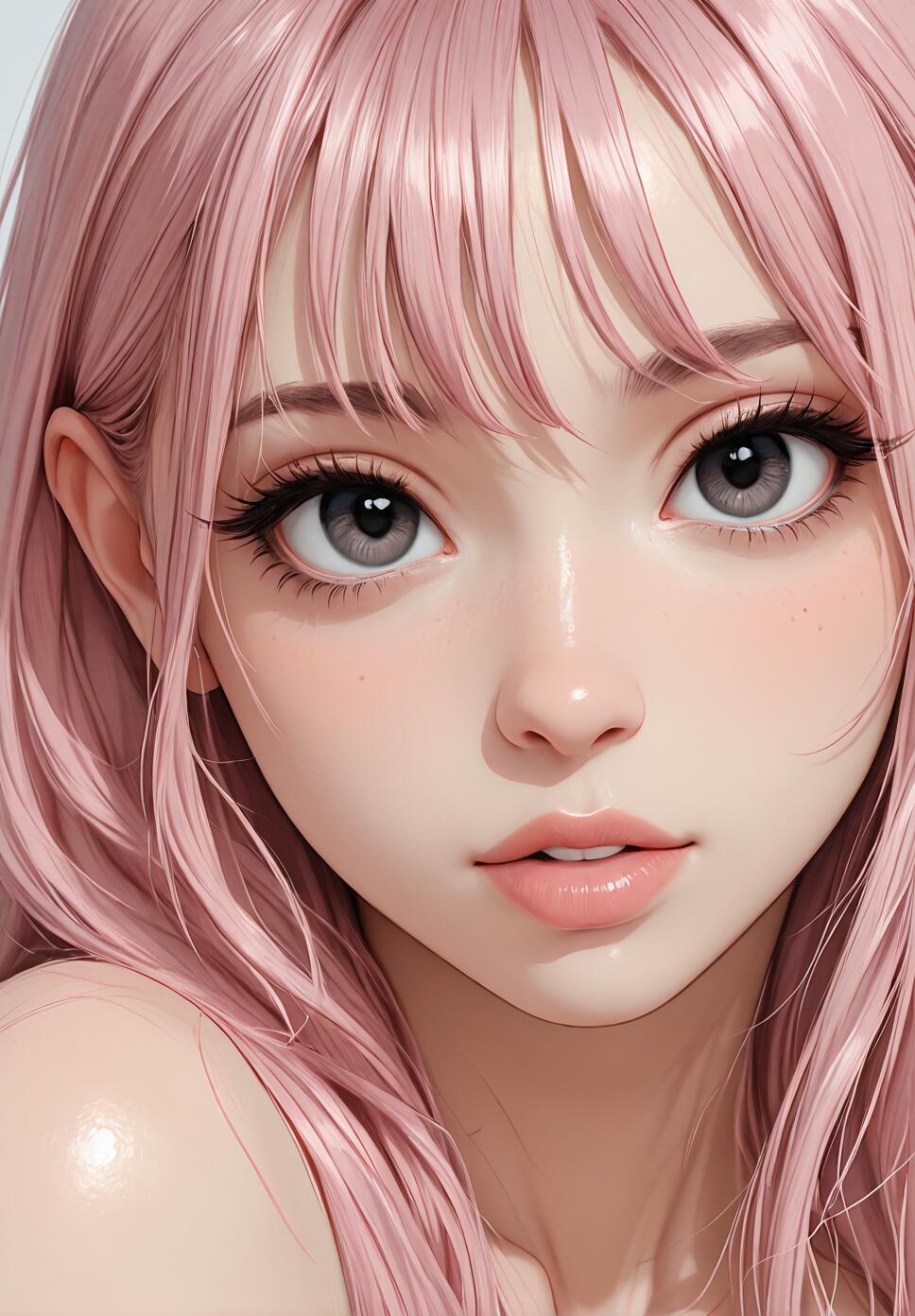 A close-up digital portrait of a young woman with long pink hair, big gray eyes, and fair skin, looking directly at the viewer.