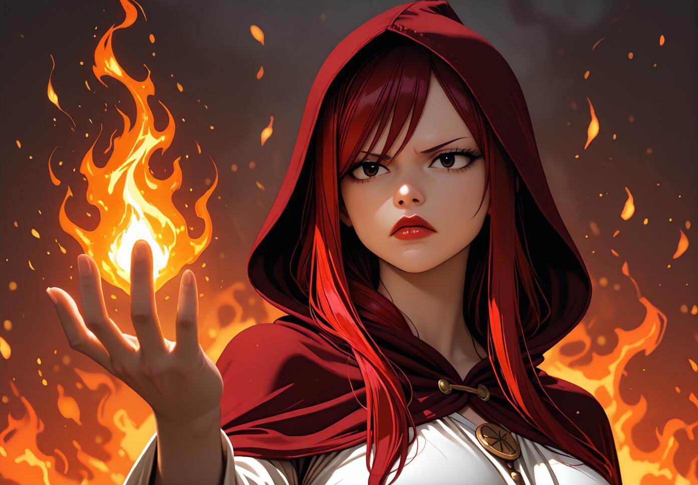 An anime-style illustration of Erza Scarlet from Fairy Tail, a woman with long red hair in a red hooded cloak, holding a ball of fire in her hand with a serious expression against a fiery background.