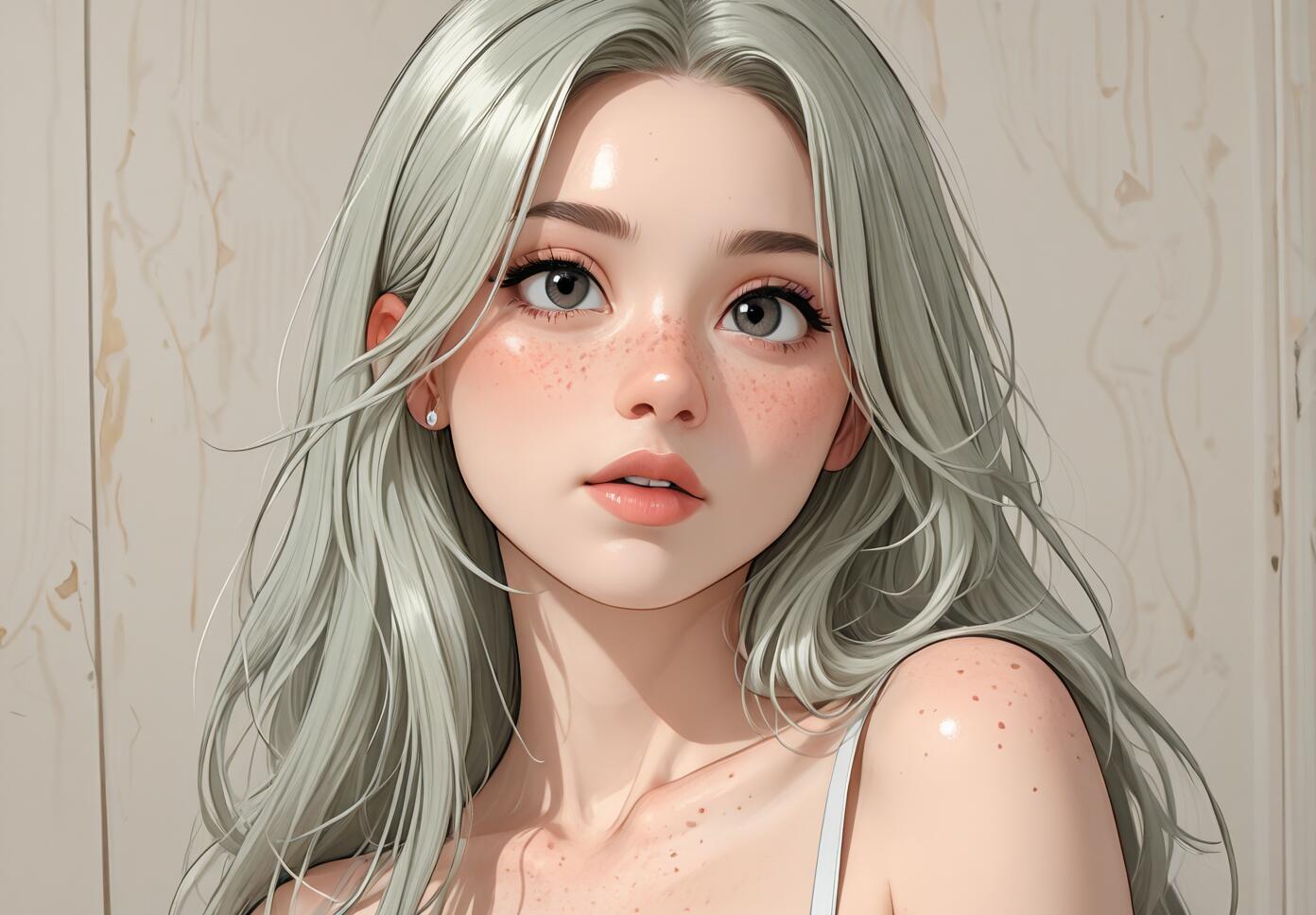 A close-up digital illustration of a young woman with long, flowing silver-green hair, large gray eyes, and a dusting of freckles across her nose and cheeks. She has a gentle expression and is set against a light-colored wooden background.