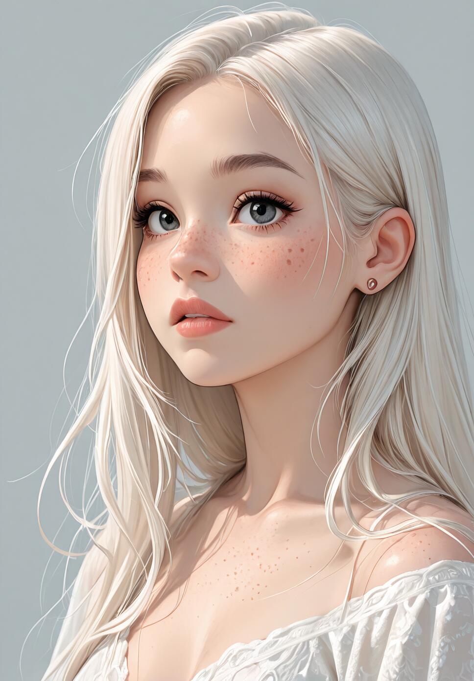 A digital illustration of a beautiful young woman with long platinum blonde hair, large grey eyes, and freckles across her face. She is looking slightly to her left with a soft, calm expression.
