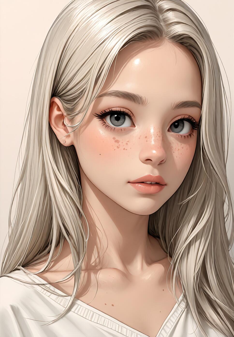 Digital illustration of a young woman with long silver-blonde hair, large grey eyes, and freckles, looking at the viewer.