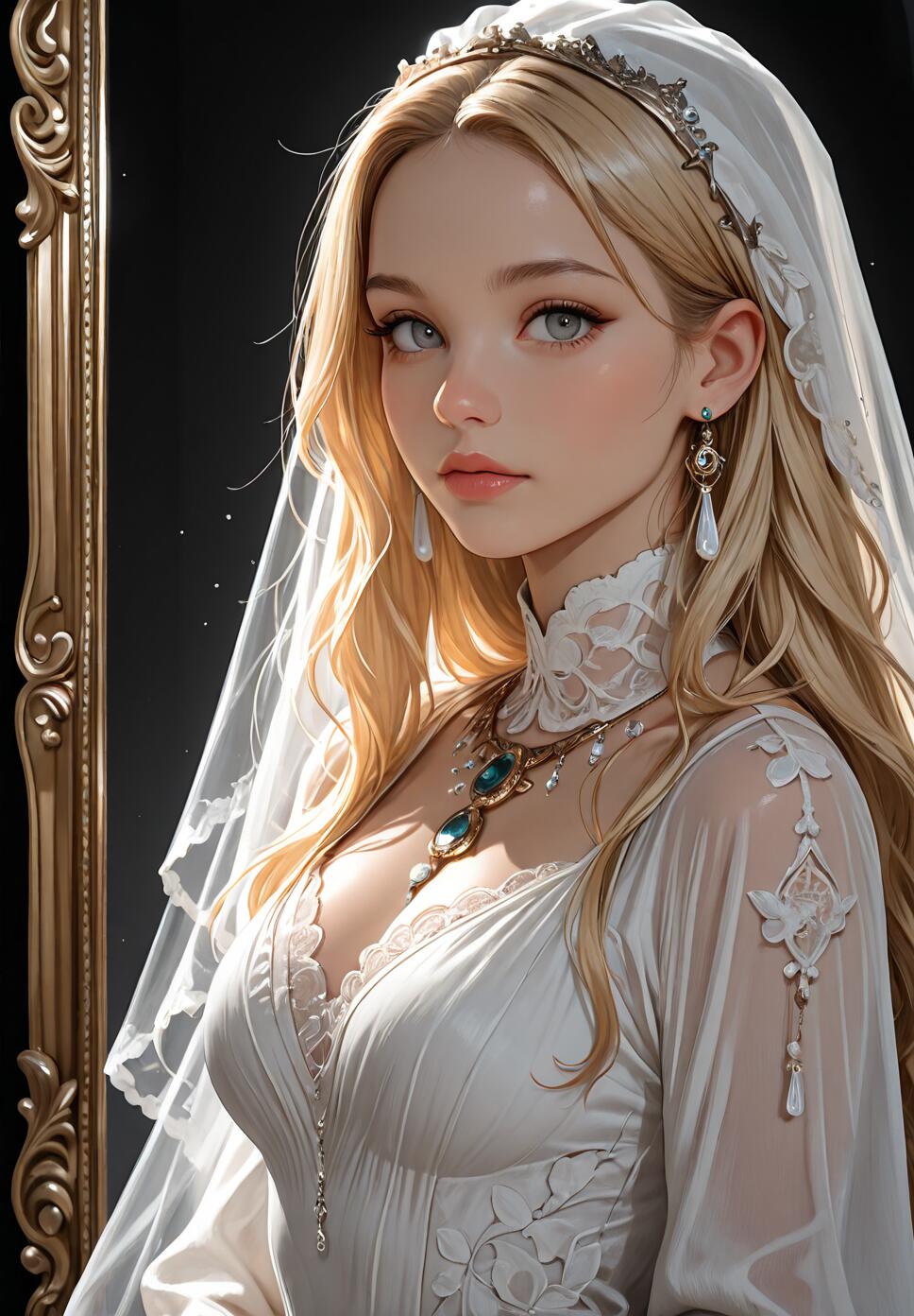 A digital illustration of a beautiful young woman with long blonde hair and grey eyes, wearing an elegant white dress, a veil, a tiara, and gemstone jewelry, looking at the viewer.