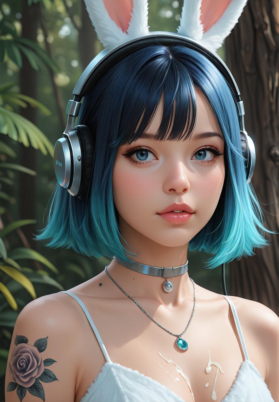 A digital portrait of a young woman with short blue ombre hair, wearing white bunny ears, silver headphones, and a choker. She has a rose tattoo on her shoulder and is set against a blurry green forest background.