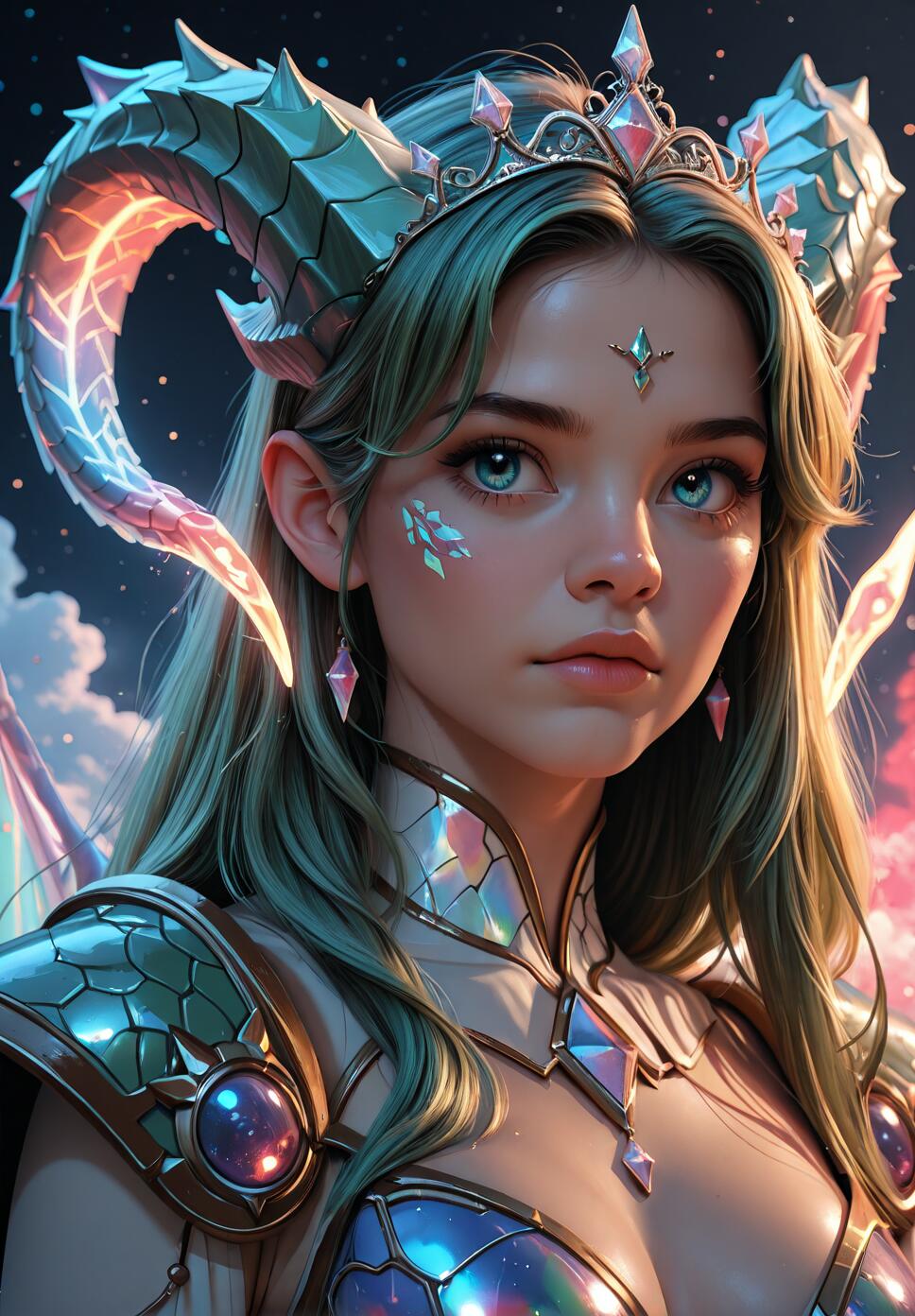 A close-up portrait of a beautiful young woman with elven ears, long greenish hair, and large blue eyes. She wears a crystal tiara, large glowing horns, and iridescent armor against a starry night sky.