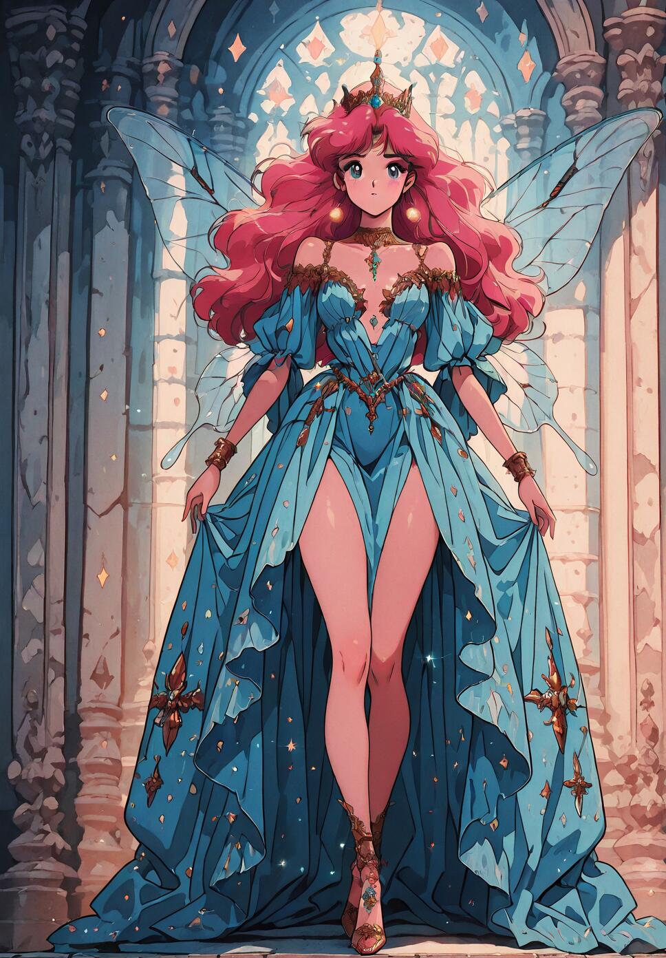 A full-body illustration of a fairy queen with long pink hair and dragonfly wings, wearing an elegant blue and gold gown. She stands inside a grand hall with stone pillars and a glowing arched window in the background, in a 90s anime art style.