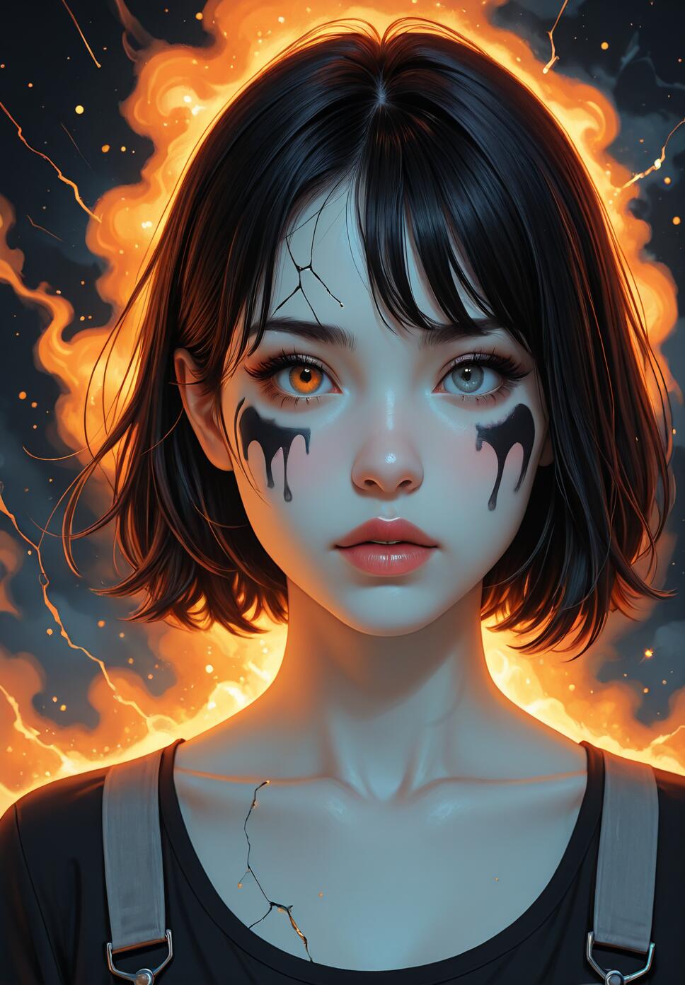 A close-up digital portrait of a young woman with short black hair and different colored eyes, one orange and one blue. She has black tear-like marks on her face and cracks on her skin, with a fiery orange halo of light behind her.