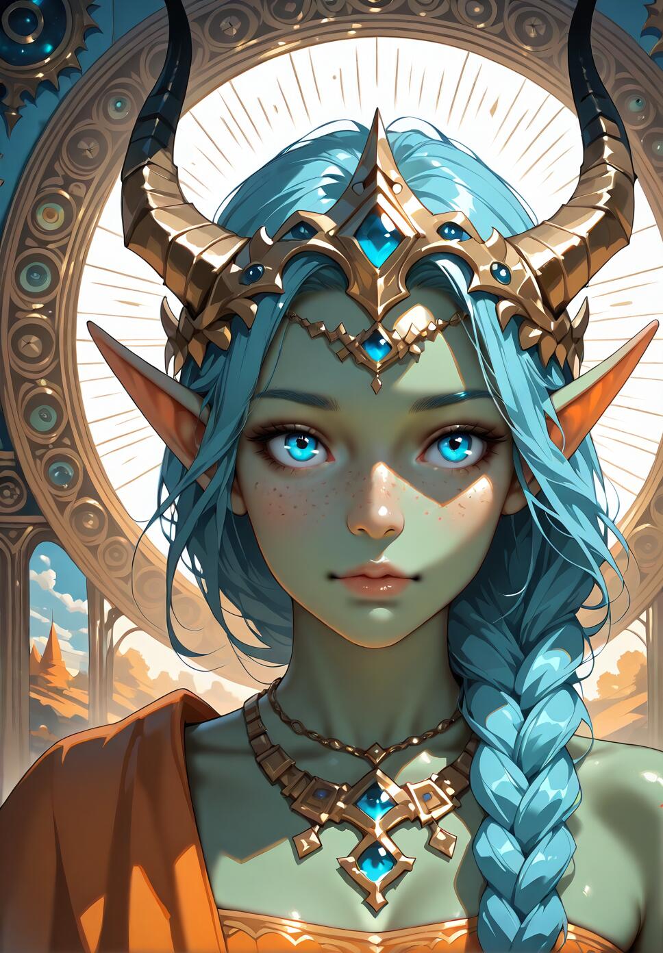 A digital portrait of a fantasy elf princess with light green skin, long blue braided hair, and striking blue eyes. She wears an elaborate golden crown with black horns and a matching necklace against an ornate, circular background.