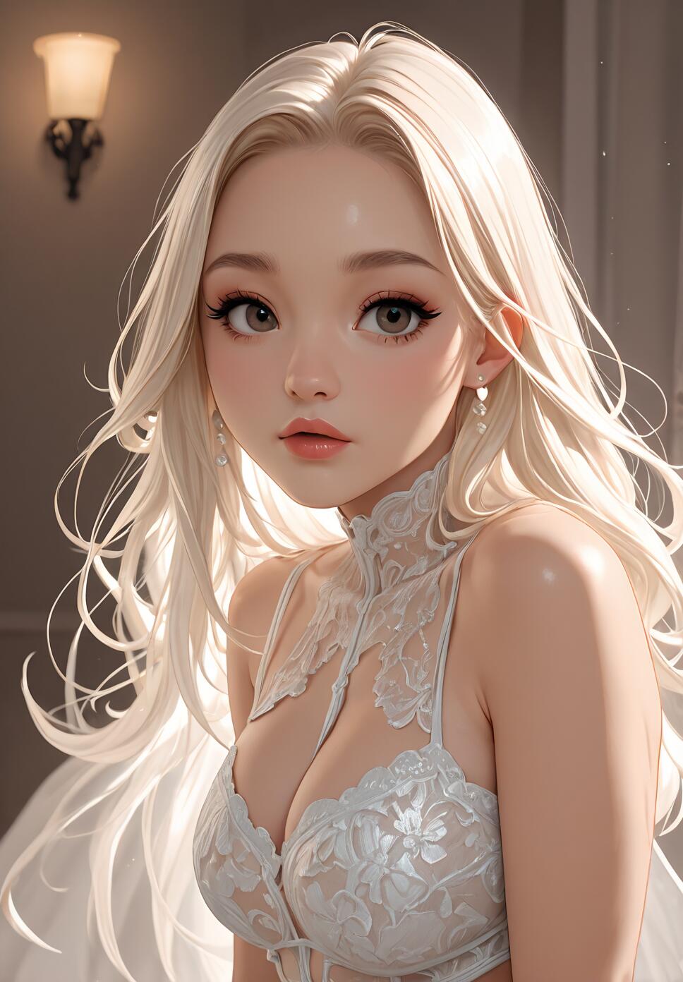 A digital illustration of a young woman with long platinum blonde hair and big brown eyes, wearing an intricate white lace top and pearl earrings, looking at the viewer.