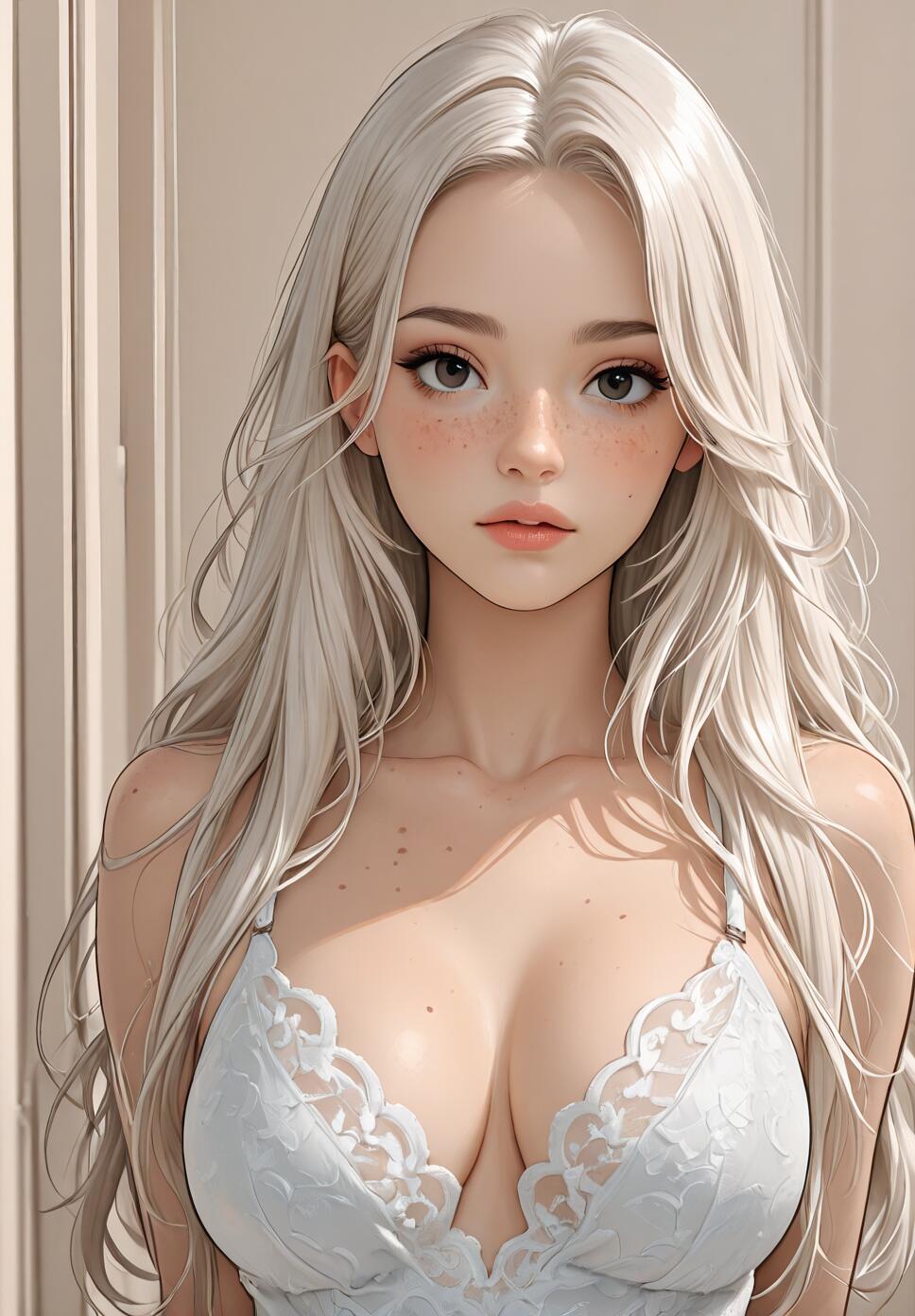 A digital illustration of a beautiful young woman with long platinum blonde hair, large grey eyes, and freckles, wearing a white lace top.