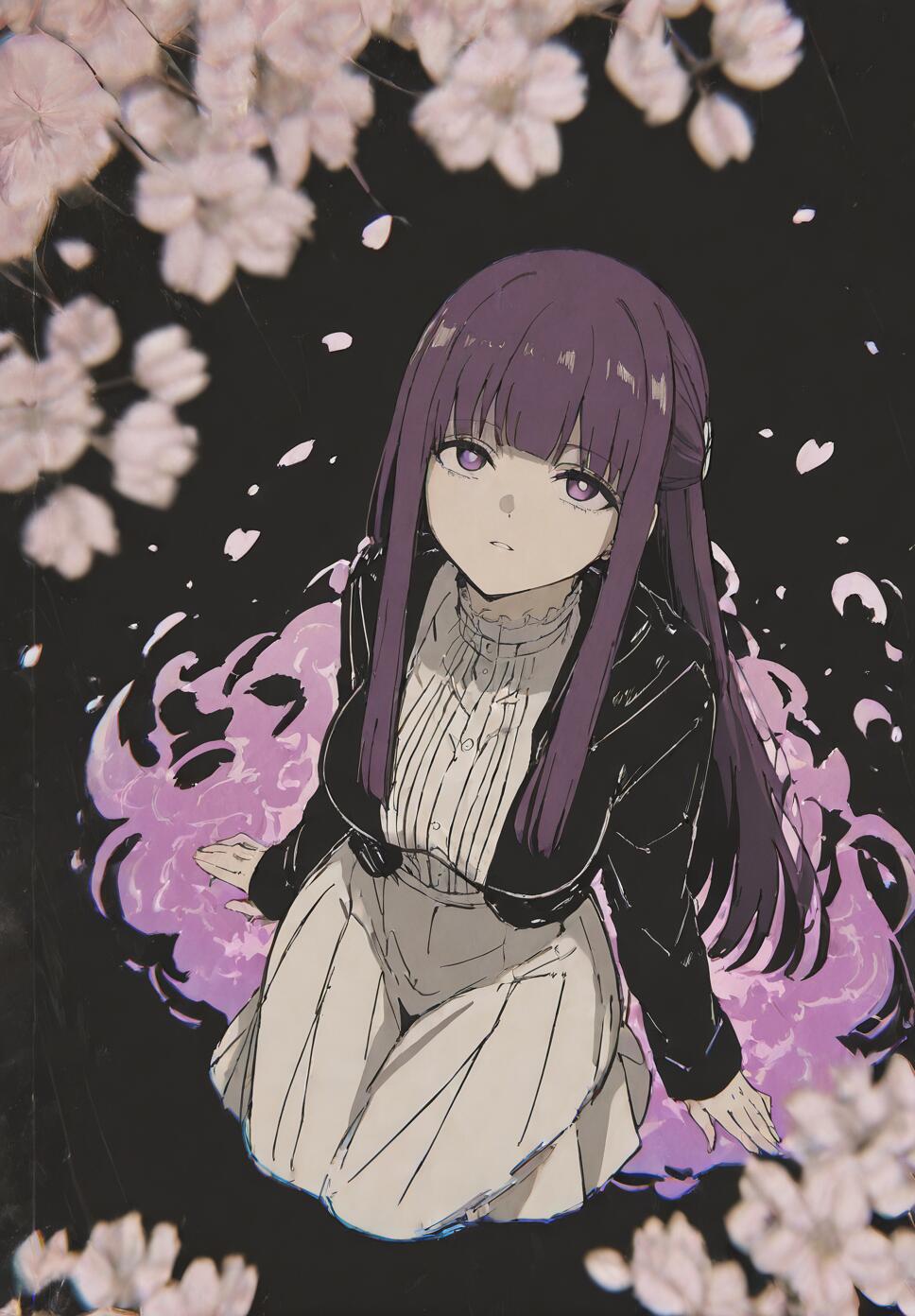 An anime-style illustration of Fern from Frieren: Beyond Journey's End, a young woman with long purple hair and purple eyes, sitting on a black background and looking up. She is wearing a black jacket, a white high-collared blouse, and a white skirt. A purple magical aura surrounds her, with out-of-focus cherry blossoms framing the top and bottom of the image.