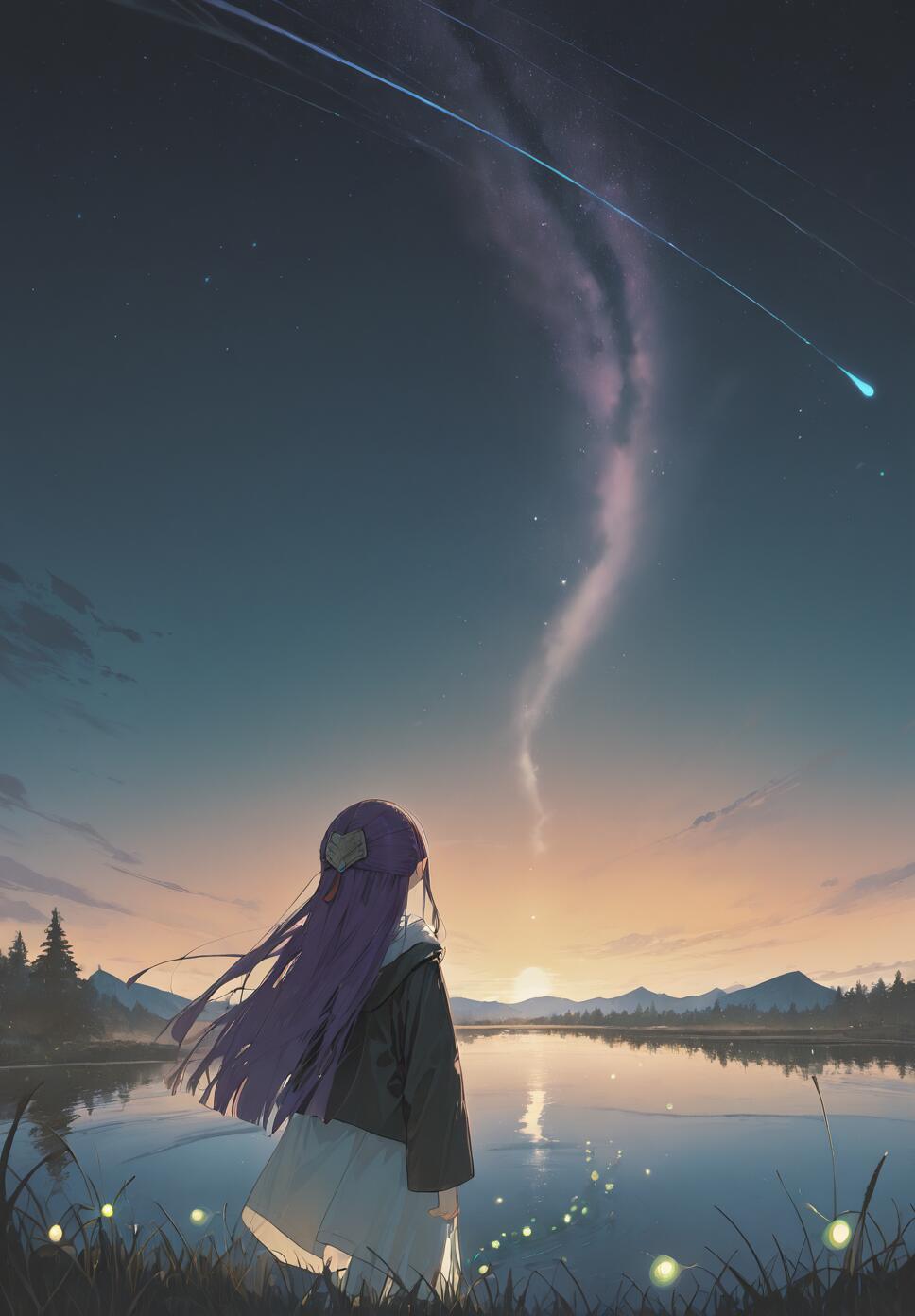 An anime girl with long purple hair, identified as Fern, stands by a lake at twilight, looking up at a starry sky featuring the Milky Way and a large shooting star.